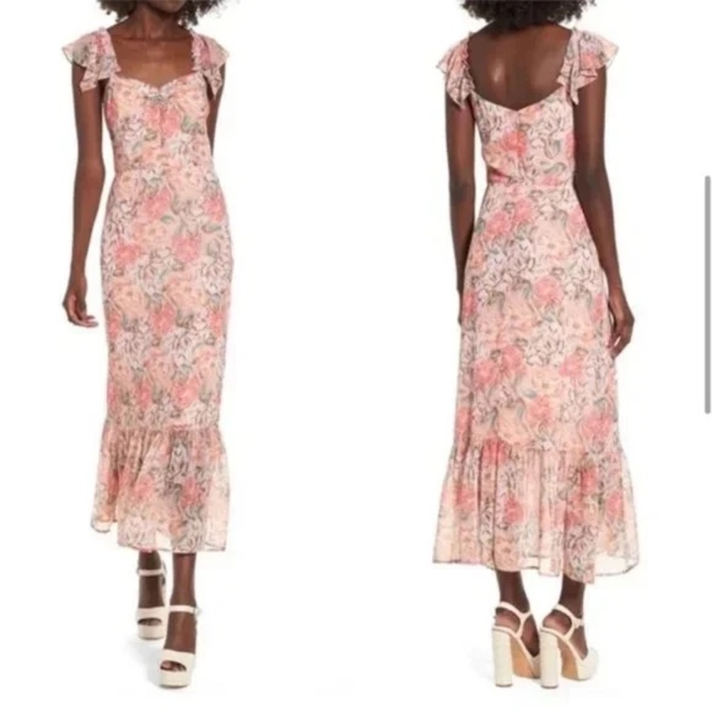 WAYF floral ruffle midi dress